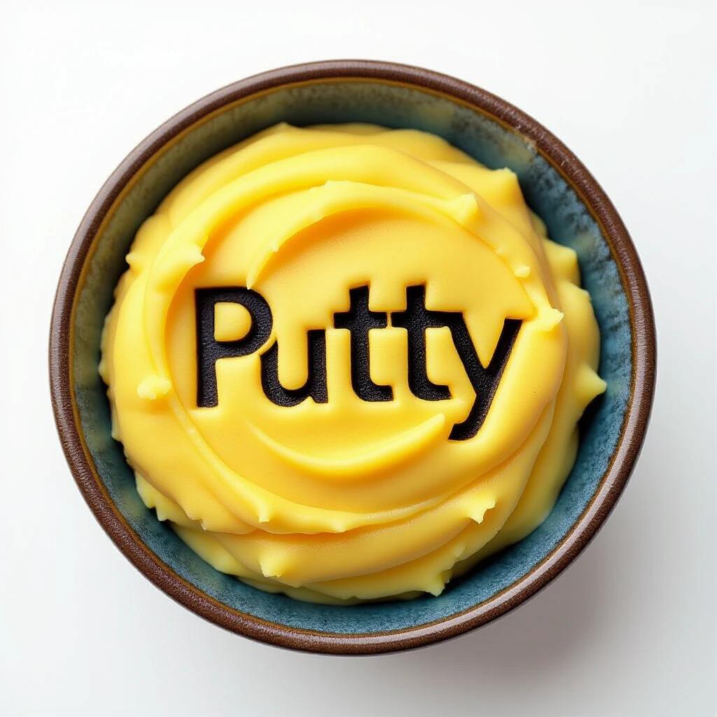 A bowl filled with yellow putty featuring the word 'Putty' embossed on top.