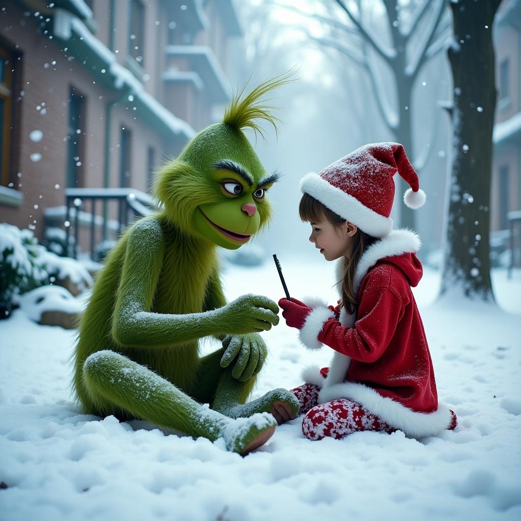 Grinch with a green appearance writing Sara in the snow. A young girl in a red Christmas outfit watches. Snow-covered landscape with trees surrounds the characters.