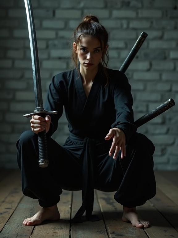 Full shot of a ninja woman holding two swords. Black ninja outfit with a black belt. Serious expression and brown hair in a ponytail. Crouching on wooden floor in front of a grey brick wall. Dim lighting and mysterious mood.