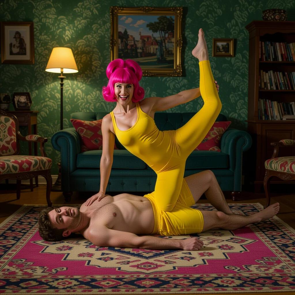 A humorous scene in a dimly lit, eclectic living room. A vibrant pink-haired woman stands en pointe on a shirtless man lying on a patterned rug. Her bright yellow jumpsuit emphasizes her athletic physique. The room is filled with quirky decor, including a painting of a dancing cat. The lighting is soft and diffused, enhancing the surrealism and playful absurdity of the moment.