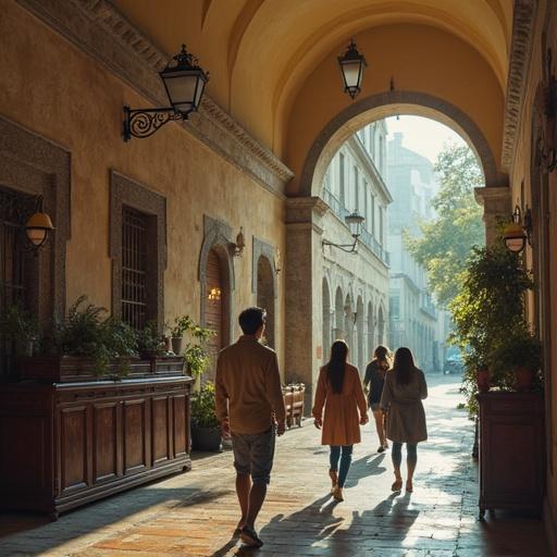 Portada para un video turístico en Estocolmo. Muestra un pasaje arquitectónico con luz natural. Personas caminan hacia un horizonte iluminado. Ambiente cálido y acogedor.