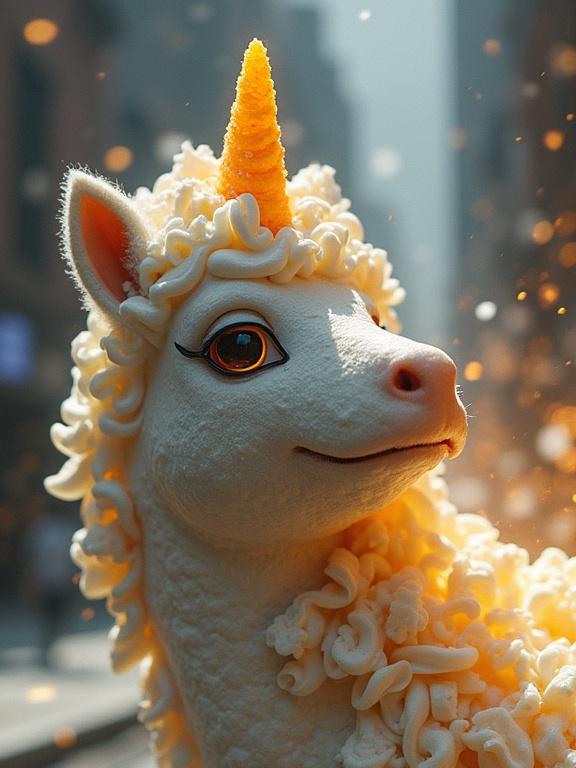 Mechanical unicorn with a silver body. Laser eyes and a shiny horn. Mouth projects whipped cream. Supergirl caught in a swirling sugar vortex. Absurd universe with a toxic rainbow vibe.
