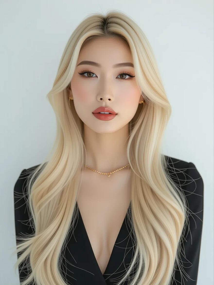 Beautiful Asian woman with long blonde hair wearing a stylish black outfit. Bright makeup enhances natural beauty. Represents 40s aesthetic with modern flair.