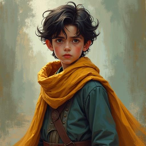 A young boy exuding energy and determination, practicing swordplay. A mix of innocence and awareness on his face. Expressive emotions reflecting family dynamics and external challenges. Dressed in a simple outfit with a vibrant scarf.