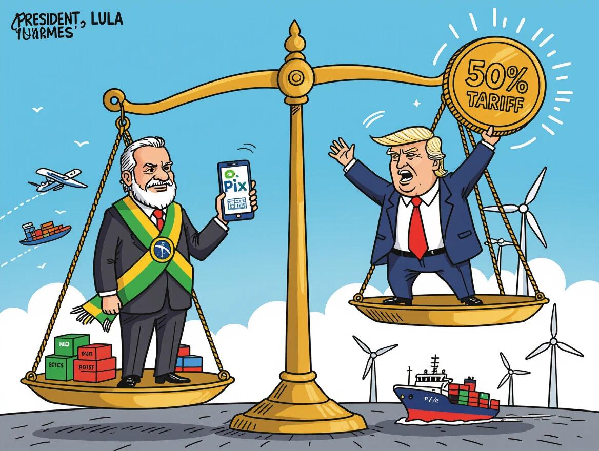 A humorous political cartoon depicts President Lula of Brazil and former President Trump of the United States on a balance scale. Lula stands confidently, wearing green and yellow, holding a smartphone with the Pix logo. Trump, in a suit with a red tie, waves a coin labeled '50% Tariff'. Lula's side is stable while Trump's is sinking, surrounded by trade symbols.