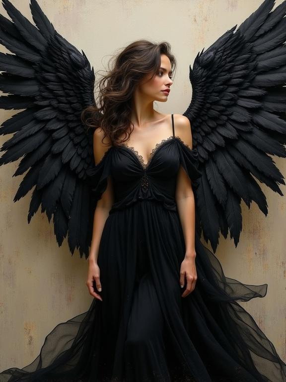 Image of a female angel with large black feathered wings. The wings are detailed and striking. The dress is flowing and elegant. The scene suggests ethereal beauty and a mystical atmosphere.