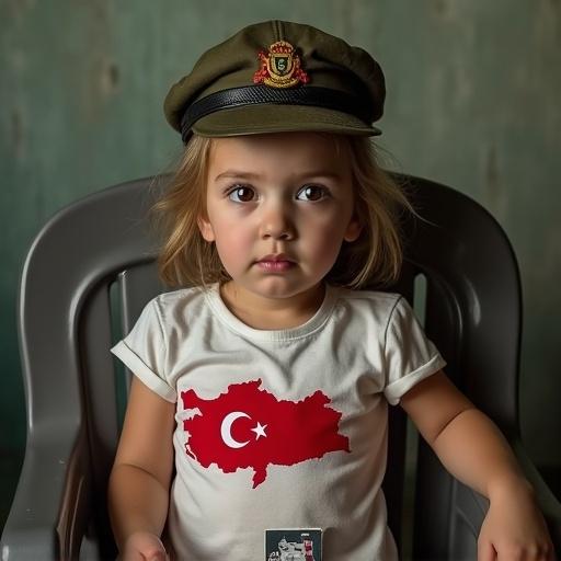 Girl about 5 or 6 years old sitting on plastic chair. She looks sad and wears soldier's hat. Red map of Türkiye on her chest where her heart is. Photo of soldier pinned to map.
