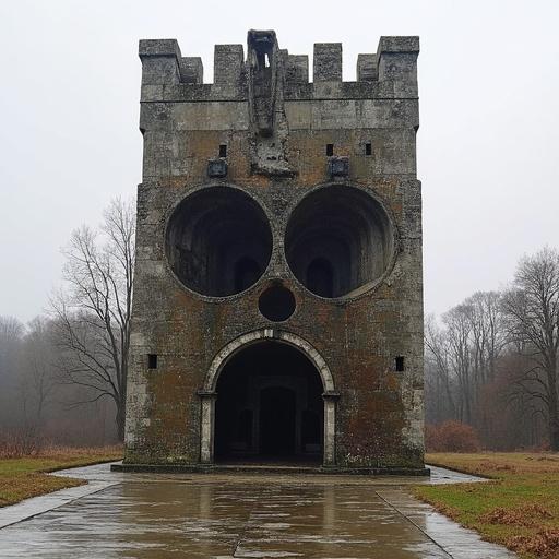 A large sculpture inspired by medieval torture devices and BDSM. The sculpture features gothic elements and is created by notable artists. The structure resembles a face, with hollow eyes, conveying a dark thematic interpretation.