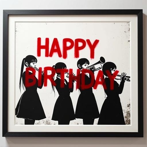 Framed poster with words Happy Birthday spray-painted on a black and white photo of four girls in a brass band. Instruments include clarinet, flute, trumpet, trombone. Bold red letters reminiscent of street art style.
