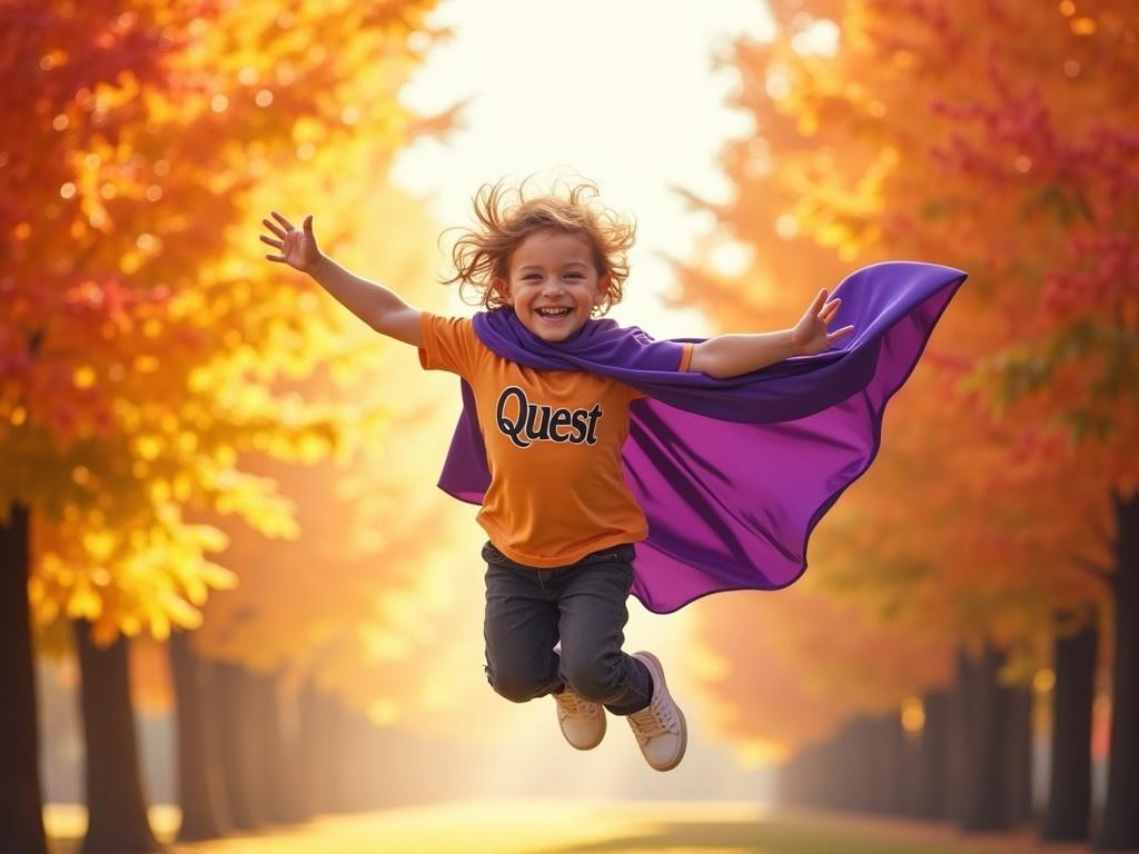 The image showcases a child soaring through the air as if flying with joy. They wear a vibrant purple cape that billows behind them, adding a sense of adventure. The shirt bears the word 'Quest,' indicating a theme of exploration and bravery. Surrounding the child are beautiful autumn trees adorned with bright orange, yellow, and red leaves. The sunlight filters through the trees, creating a warm and inviting atmosphere, capturing the essence of childhood wonder and imagination.