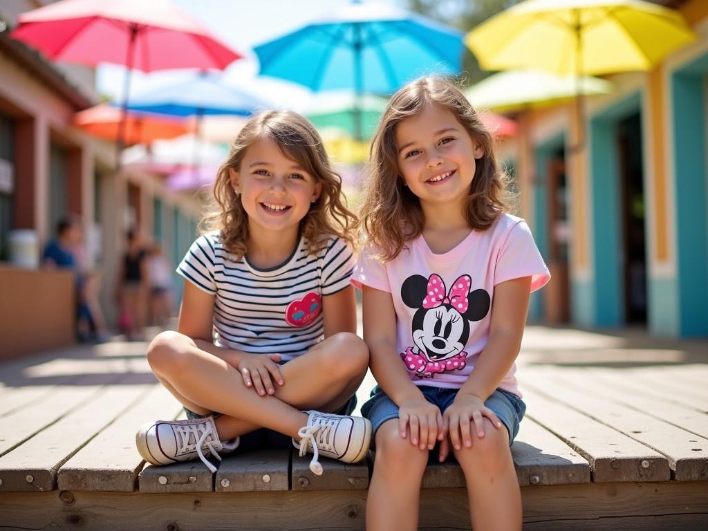 Two children are seated side by side on a weathered wooden platform. They are enjoying a sunny day outdoors, with colorful umbrellas suspended above them creating a vibrant backdrop. Each child is wearing casual, playful attire with fun characters on their shirts. The girl on the left has a striped shirt with a character design, while the girl on the right dons a light pink t-shirt featuring a well-known cartoon character. Both are wearing comfortable athletic shoes and appear to be smiling as they pose for the photo.