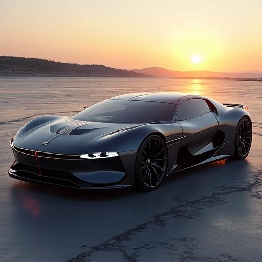 Flagship solar-electric hypercar designed as Solaris Helios. Car features a sleek silhouette and futuristic elements. Showcased during sunset on a flat landscape. Emphasize self-healing solar panel technology and performance specifications.