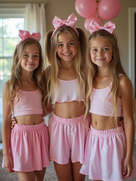 Three girls standing together at a birthday party. They have long blonde hair styled in twin tails. Each girl wears a pink crop top and pleated mini skirt. They wear matching pink bows. They smile in a brightly lit living room.
