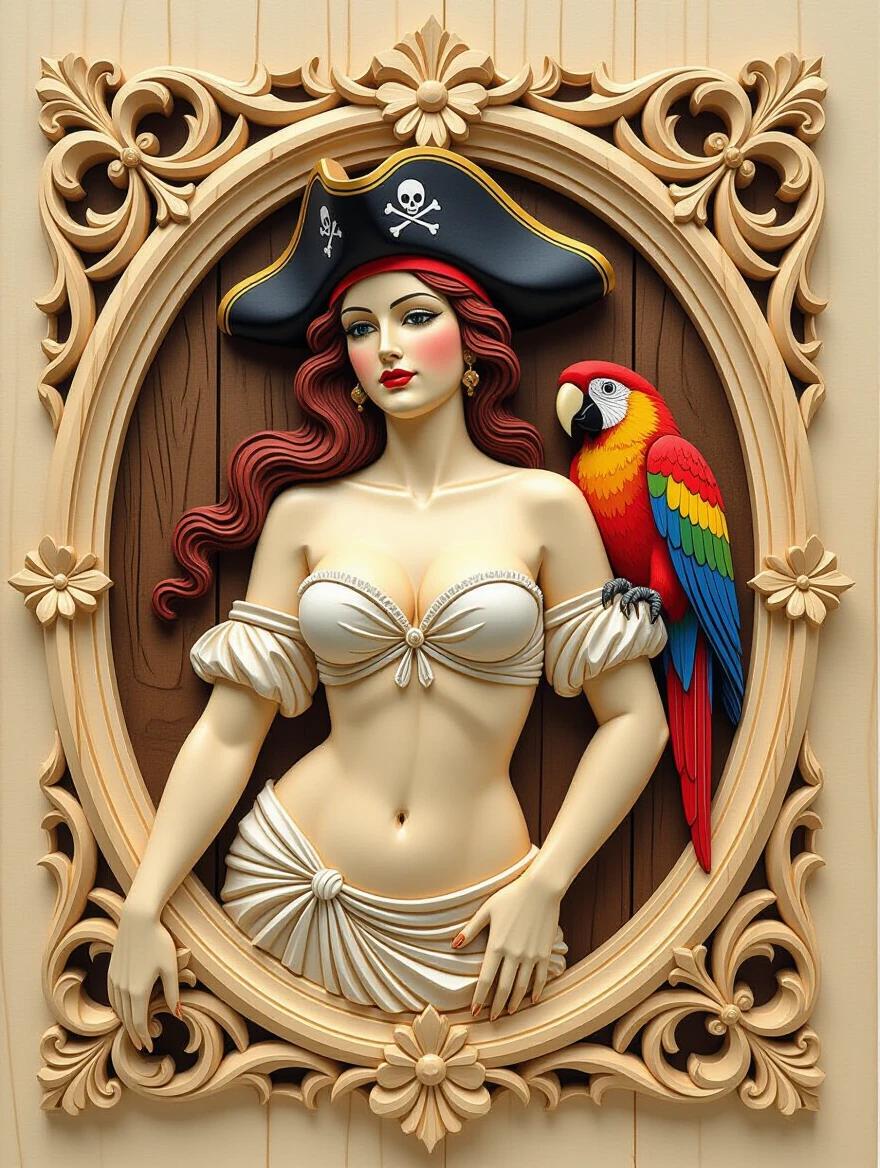 Wood works featuring a pirate woman in a marquetry relief design. The artwork showcases a parrot beside her. The composition emphasizes wood carving techniques with vibrant colors and details.