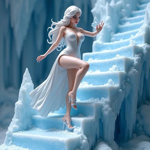 Frozen-inspired resin figure of ice sorceress. Slender and voluptuous character ascends icy staircase. Long white hair and icy-blue eyes. Confident and seductive expression. Shimmering white dress with plunging neckline and high leg slit. One heel on a higher step. Other foot in motion. Dress flows over steps. One hand on frozen railing. Other conjures ice shards. Base filled with crystals and ice structures. Designed for resin printing with sensual pose.