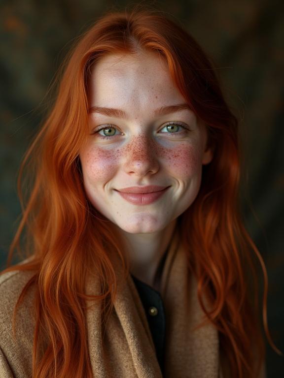 Minimalist photograph featuring a redhead teen model with freckles. Model is smiling with a round face and long hair. She is wearing a scarf. Artistic style draws inspiration from Yves Saint Laurent. Background has high-contrast shadows and texture. The presentation is realistic and detailed, with a cinematic feel and vignette effect.