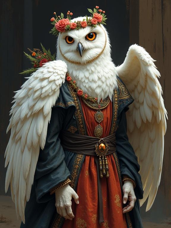 Character design of an anthropomorphic owl with white feathers dressed in ornate Slavic robes. Owl wings serve as her arms. Features a floral wreath and glowing eyes. Detailed garments with intricate patterns. Soft rim lighting adds depth. Background has a wooden texture.