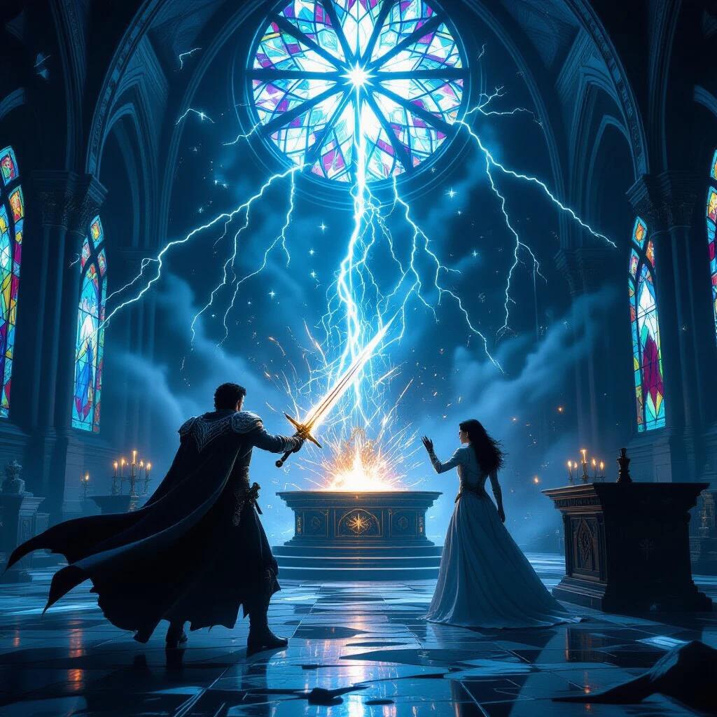 Gabriel Del Toro battles spectral guardians in a vast sanctum. Shattered stained glass looms above. He wields a glowing crossblade. Lena Voss chants at a glowing altar. Lightning bursts through the air. Ghostly weapons clash around them.