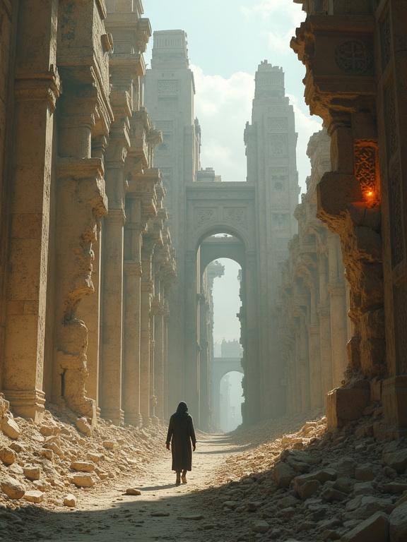 A dystopian futuristic cityscape features broken columns resembling Pharaonic lotus capitals. Coptic crosses are carved into collapsed concrete walls and fragments of Islamic muqarnas remain in steel structures. Dusty cinematic lighting with neon light accents. A lone human figure walks among the ruins to reflect on cultural memory.