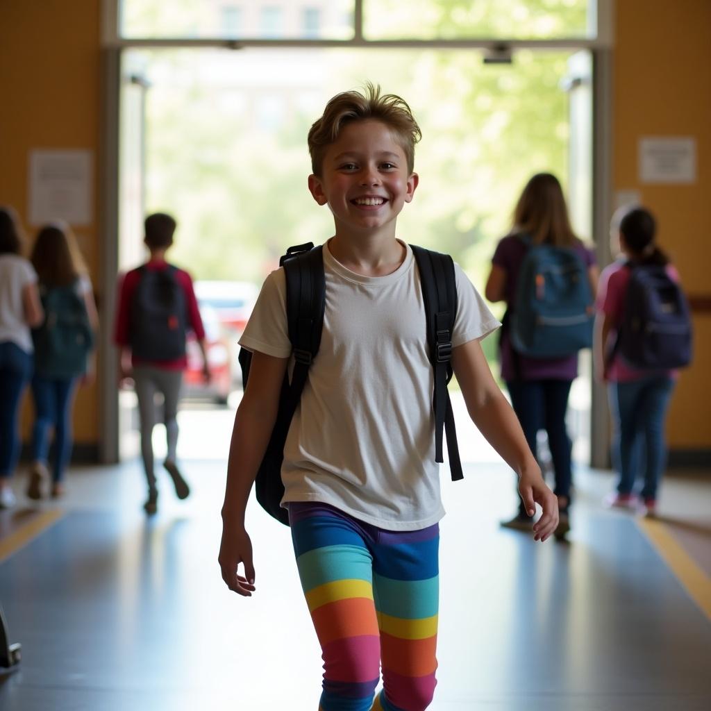 Teen boy wearing colorful leggings walks confidently through school entrance. Other students can be seen in the background. Natural light brightens the scene.