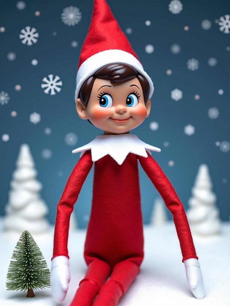 Elf character dressed in red and white with festive background. Snowflakes and Christmas trees in the scene. The elf is preparing to leave for the North Pole.