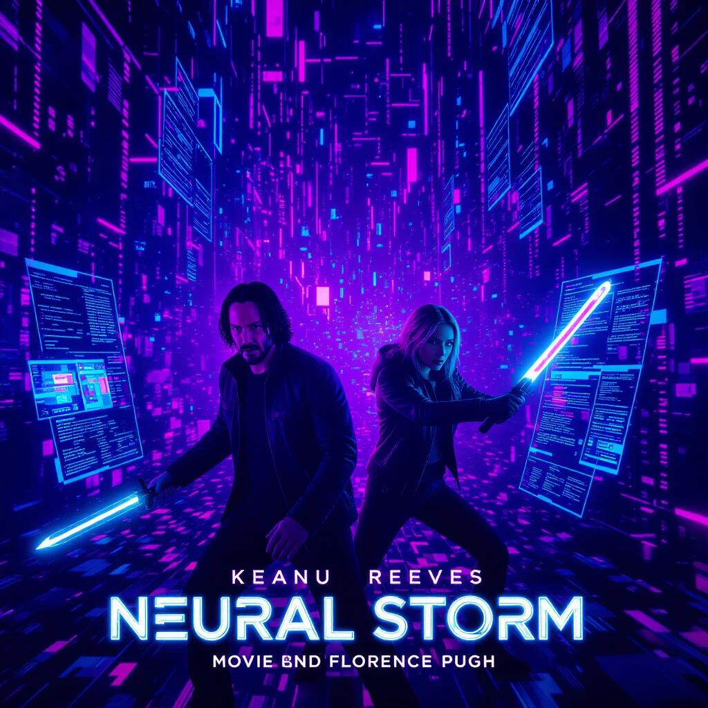Futuristic movie poster featuring Keanu Reeves and Florence Pugh. Setting is a collapsing digital consciousness in vibrant neon colors. Characters are in action with holographic interfaces and a glowing weapon.