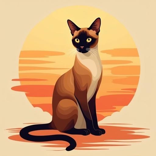 Design a sleek Siamese cat in an elegant seated pose. The cat's slender body has flowing horizontal lines in sunset hues of burnt orange, russet brown, and honey gold. It is placed within a circular golden hour sky with layered cream and coral clouds.