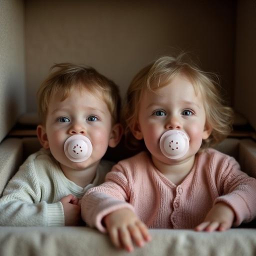 Two children play together. They smile happily. Each child holds an oversized pacifier. A mother sits nearby pretending to close a lid in a playful manner.