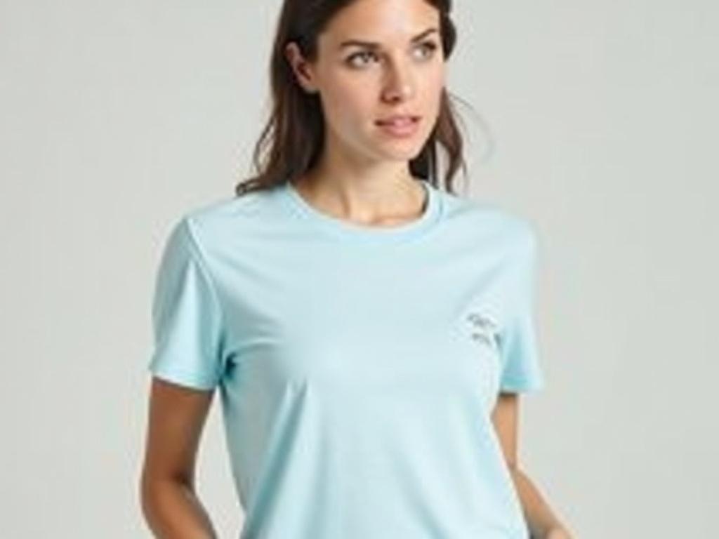 A woman is wearing a light blue t-shirt with a simple design and a small text logo on the chest. The shirt has a relaxed fit and short sleeves, giving it a comfortable and casual look. The background is neutral, allowing the t-shirt to stand out. The fabric appears soft and breathable, suitable for everyday wear. The woman looks confident and stylish, embodying a laid-back vibe.