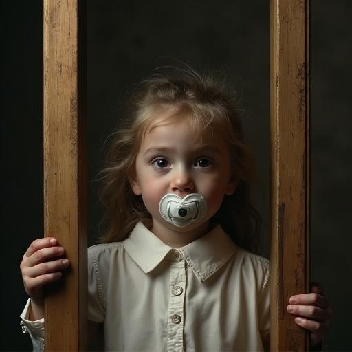 Image depicts a young girl. Scene shows an execution with a guillotine. Young girl has a pacifier in her mouth.}