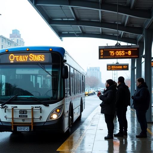 Photograph shows a modern urban bus station with a white and blue city bus displaying route number 18. The license plate reads '75-BSS-8.' The station has a sleek arched metal roof. Four people in dark winter clothing wait near a glass-walled area. Digital route signs hang from the ceiling. The floor is wet and reflective. The urban background features buildings and a cloudy sky.