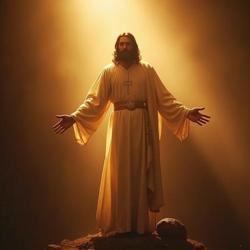 Image of Jesus Christ surrounded by radiant light with arms outstretched. Soft lighting creates a divine atmosphere. This representation aims to evoke feelings of peace and spirituality.