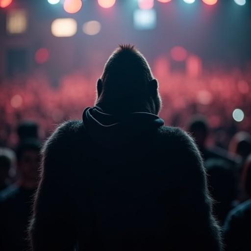 Gorilla humanoid figure in a black hoodie stands in a concert crowd. The atmosphere features dramatic cinematic lighting. The photo captures the essence of a vibrant live music event.