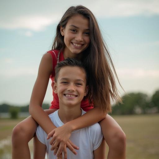 A woman sits on the shoulders of a boy. They're outdoors surrounded by green grass and trees. The scene conveys a sense of joy and playfulness. Both have smiles and relaxed postures.