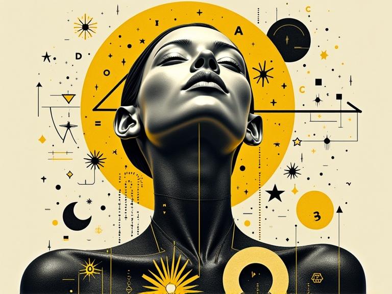 Surreal and abstract portrait of a metallic person. Face upward tilted and framed by a yellow halo. Background consists of geometric shapes and symbols. Necklace adorns neck and shoulders. Cosmic motifs like stars and moons overlay the design.