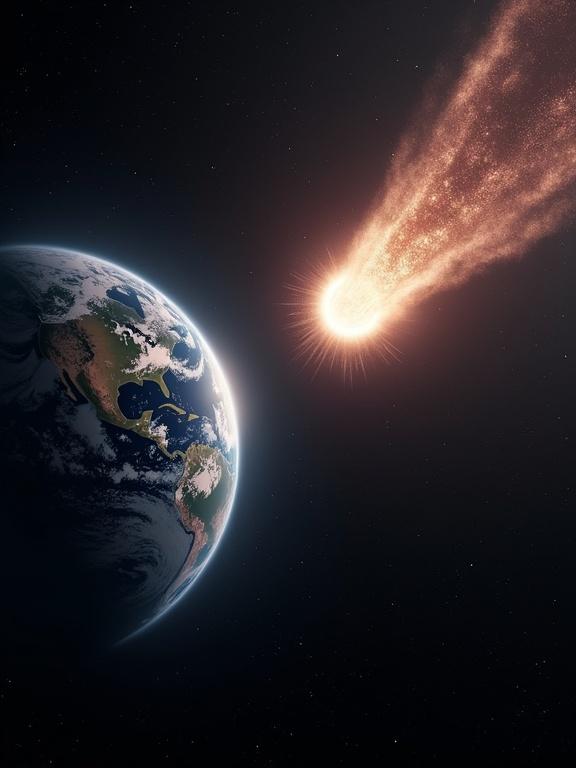 Hyper-realistic cinematic image showing massive comet approaching Earth. Earth in foreground with detailed clouds oceans and landmasses. Comet bright with glowing white coma and tail of dust. Comet's nucleus hidden by halo. Upper atmosphere shows intense glow with shockwaves. Space backdrop filled with stars. Urgency and realism conveyed.