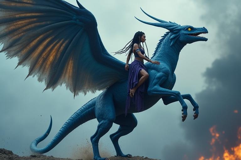 A tall Na'vi female rides a blue dragon called Toruk. The dragon has massive wings and emits thunderous sounds. The rider has glowing blue skin and braided hair. She wears purple attire and bonds with the dragon's spine in the smoky sky. They share a powerful connection as they ascend.