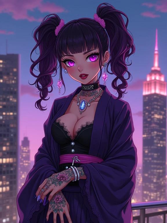 Anime woman standing on rooftop against Manhattan skyline. Wearing a kimono designed for a galactic yakuza ninja. Long purple hair styled in pigtails. Jewelry matches amethyst color. Nighttime setting with colorful city lights. Confident posture holding a katana.