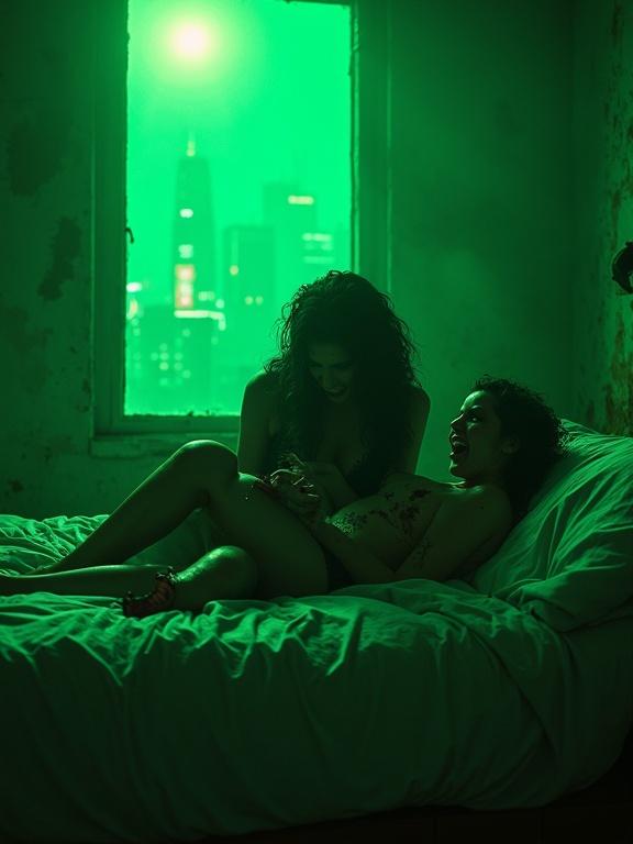 A hyper-realistic cinematic scene with two gothic-trap characters on a torn velvet bed illuminated by green neon light. One has smeared mascara while the other has blood-stained lips. Their shadows create claw-like shapes on the moldy walls. Outside, a dystopian city is covered in green fog. The atmosphere is filled with flickering neon lights and distorted reflections.