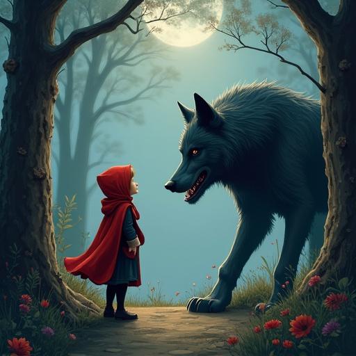Image for audio story cover showing Little Red Riding Hood facing the Big Bad Wolf. Little girl wears a red cloak. Wolf appears large and menacing. Forest background with soft lighting. Moon visible in the sky. Flower details in the foreground.