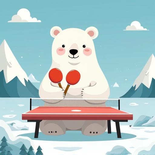 Cute polar bear playing ping pong with Antarctica background. Charming scene depicting a friendly atmosphere. Light-hearted and inviting illustration.