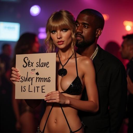 Nightclub scene with a couple. Woman has blonde bangs and long hair, wearing a small bikini top and miniskirt, holding a controversial sign. Man is older, black rapper, close to her. Dramatic lighting enhances mood.