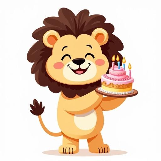 A cartoon lion character with thick black outlines. The lion has a large dark brown mane. The body is light beige. The lion has a happy face with closed eyes shaped like arches. It has a small black nose and visible upper fangs. The arms are bent upward holding a colorful birthday cake. The lion has a round belly and short legs with three toes on each foot. The tail is long ending in a tuft of dark brown hair. The expression is friendly, playful, joyful, and standing upright.