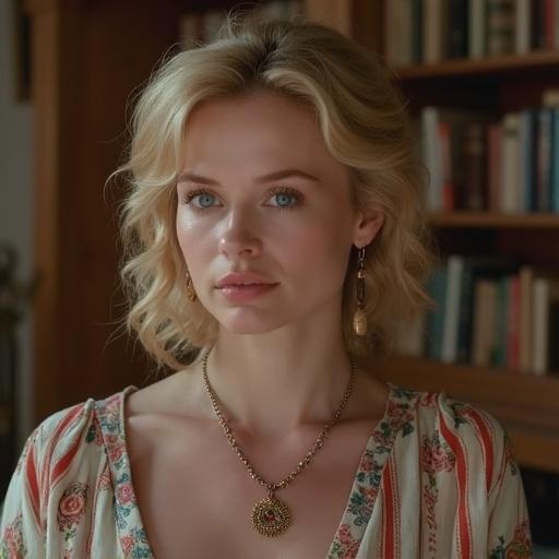A young woman wearing a stylish floral blouse. She has blonde hair styled in waves. A beautiful gold necklace adorns her neck. The background features bookshelves filled with books. Warm light creates a soft atmosphere.