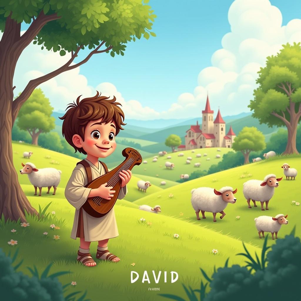 A cheerful cartoon illustration of David in a lush green pasture playing the kinnor. David is a young boy dressed in light brown shepherd clothing. He has nice brown hair. He is surrounded by sheep and a distant village. The scene features vibrant colors and attention to detail that enrich its charm.