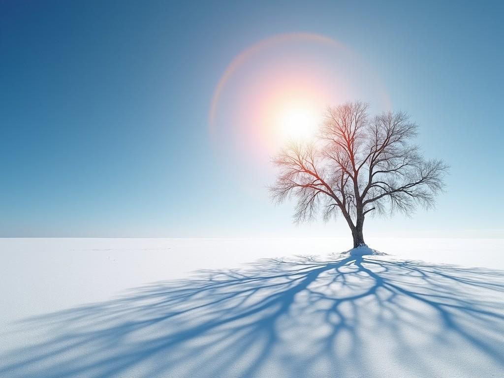 A solitary tree stands in a vast, snow-covered landscape, casting intricate shadows on the white ground. The sun shines brightly in the sky, creating a beautiful halo effect around it, adding warmth to the otherwise cool scene. The contrast between the barren tree and the smooth expanse of snow creates a serene and contemplative atmosphere.