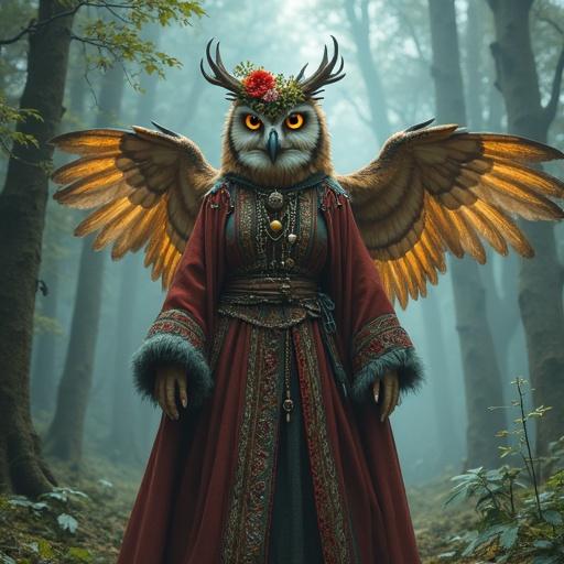 Character design of an owl druid priestess in misty enchanted forest. No human hands or fingers. Owl wings instead of arms. Layered embroidered garments with beads and fur trim. Floral wreath on head with wise glowing eyes. Intricate patterns on dress with feathers blending into wings. Full-length shot. Stylized portrait with painterly textures and bold colors. Soft cel shading. Non-photorealistic rendering. Expressive brushwork. Soft rim lighting with a cinematic composition.