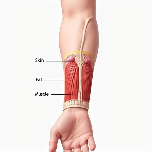 A 3D diagram shows a forearm from the wrist to the elbow with a clear incision. The image includes layers of skin labels and muscle structure. Skin layer is labeled as 'Skin.' Fat layer is labeled as 'Fat.' Muscle layer is labeled as 'Muscle.' It is detailed and anatomically accurate.