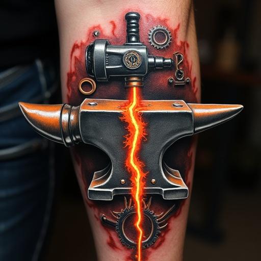 Tattoo of a fractured anvil split with glowing cracks. Interlocking gears hidden in the design. Electro-pneumatic hammer crossed behind the anvil. Unique serial numbers burning along the base. Vibrant color scheme with glowing orange against black.