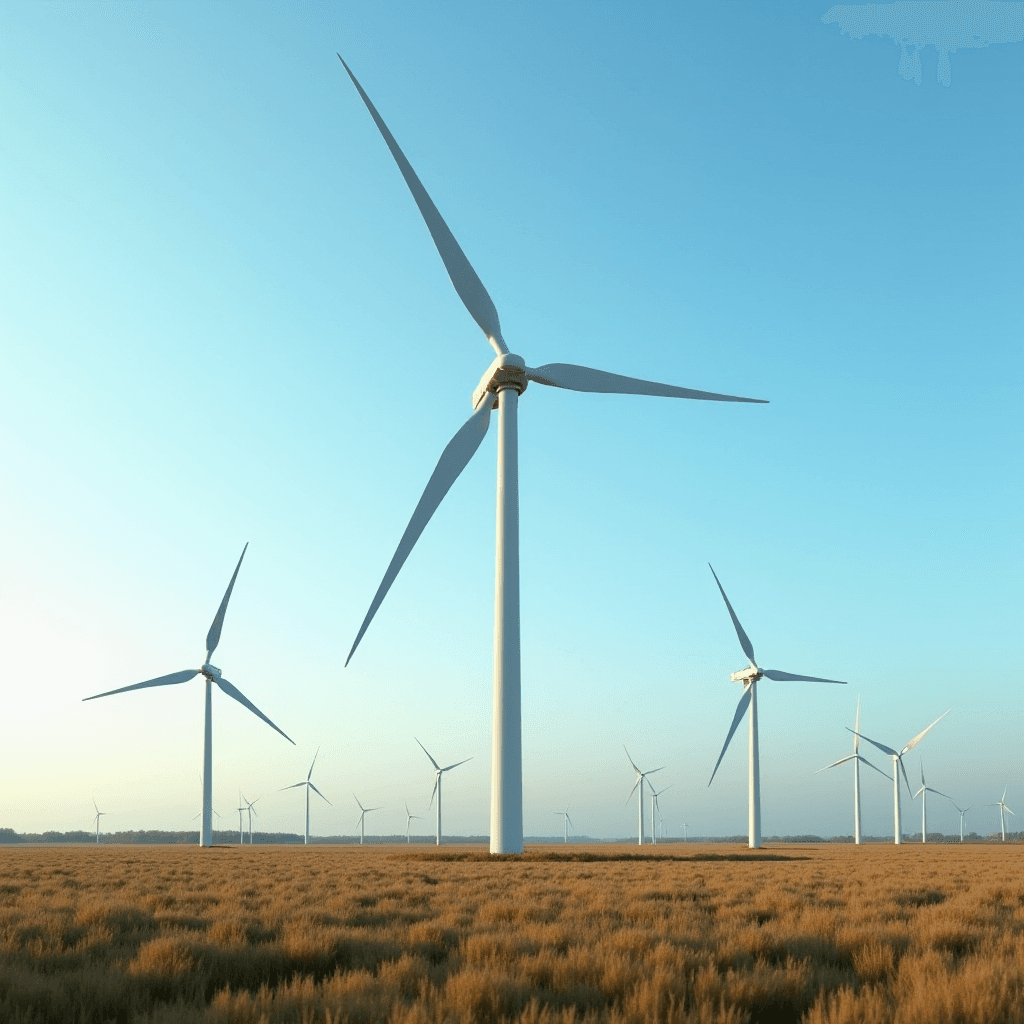 A serene landscape featuring a field of wind turbines under a clear blue sky.